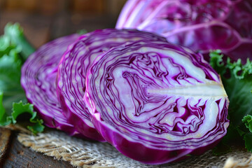 Obraz premium Red cabbage slice on a table, fresh vegetable