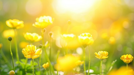Fototapeta premium Beautiful meadow of buttercup flowers close up, spring time on a sunny day, soft focus background, whimsical and Idyllic nature