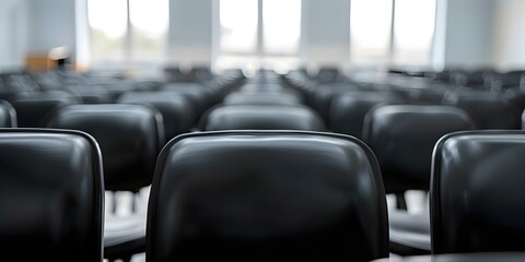 University classroom ready for students and teachers to return. Concept Classroom setup, Teacher's desk, Student desks, Blackboard, Educational posters