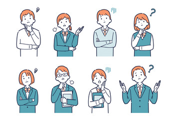 上を向いて考えたり悩んだりする高校生のイラストセット＿上半身