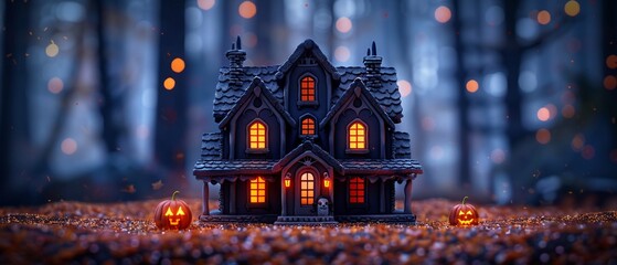 Obraz premium Halloweenthemed haunted gingerbread house, spooky decorations, warm tones, detailed illustration, intricate and festive