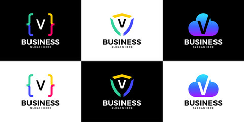 Set of letter V tech cloud, shield, coding logo design template.