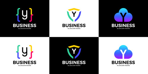 Set of letter Y tech cloud, shield, coding logo design template.
