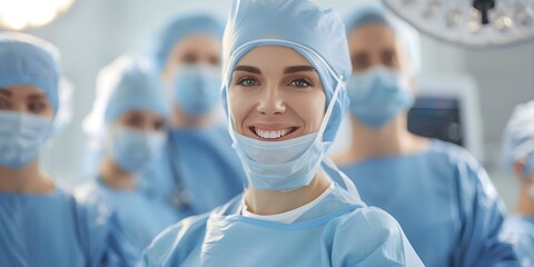 Happy medical staff in hospital setting. Concept Hospital Heroes, Medical Team, Healthcare Workers, Smiling Faces, Positive Environment