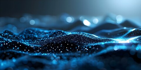 Digital mountains landscape with glowing dots on blue background conveying data mining. Concept Data Mining, Glowing Dots, Mountains Landscape, Digital Art, Blue Background