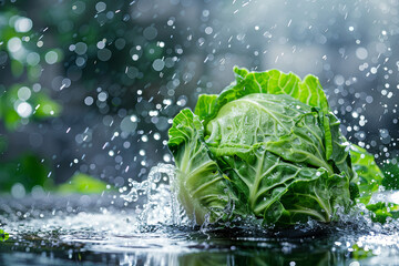 Fresh green cabbage splashing with water, healthy food concept