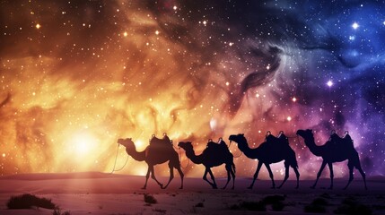 Fototapeta premium silhouette camels walking on the desert at night on background space and nebula