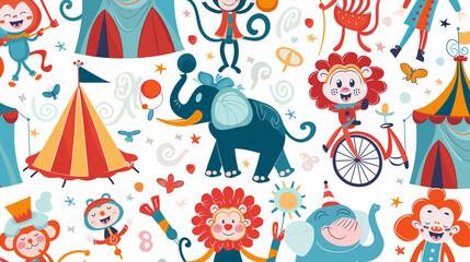 A colorful and whimsical scene of circus animals and clowns