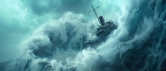 Fototapeta premium A ship engulfed by stormy clouds, a dramatic scene of nature's power.