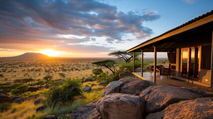 Scenic sunset view from a luxury safari lodge overlooking the sprawling savannah landscape, perfect for a tranquil vacation getaway.