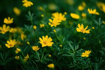 Fototapeta premium A vibrant field of yellow flowers with delicate petals stand out against a backdrop of lush green foliage.