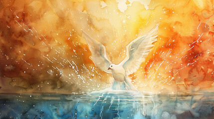 The Holy Spirit descending like a dove during Jesus baptism. Watercolor painting illustration.
