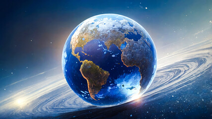 Transparent globe of Earth planet from blue glowing particulars on blue background