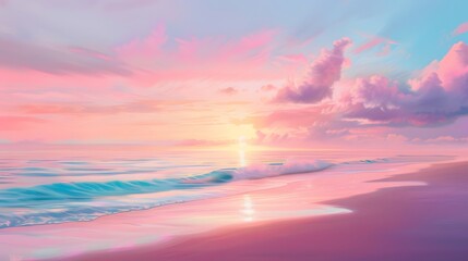 Dreamy pink sunset over a calm ocean with soft waves gently lapping at the sandy shore.