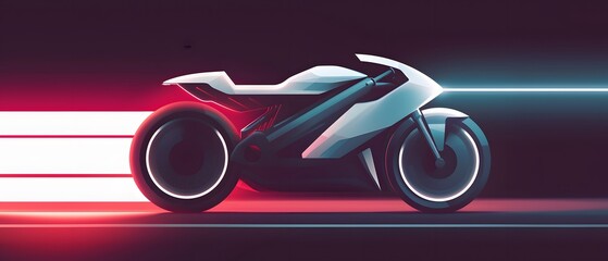 Futuristic white motorcycle on a dark background with red and blue neon lights.