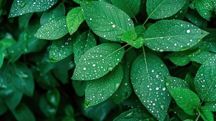 Fototapeta premium A close-up of green leaves with dew drops, showcasing the beauty of nature after a rain shower.