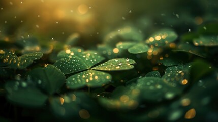 Close-up of clover leaves glistening with dewdrops, bathed in golden sunlight.