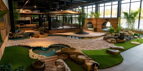 Luxury pet hotel with themed play areas spa and webcam access for owners. Concept Pet Hotel, Themed Play Areas, Spa Services, Webcam Access, Luxury Amenities