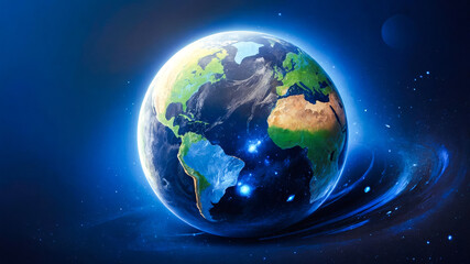 Transparent globe of Earth planet from blue glowing particulars on blue background