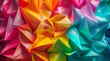 Abstract background made of colorful origami paper sheets 3d ilustration, shape background, glowing glossy hyper realistic.