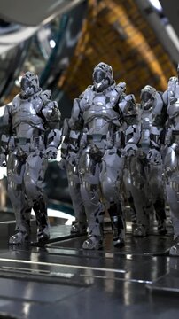 space soldiers, a squad of stormtrooper guards marching through the space station, cyborgs sci-fi style, 3D rendering