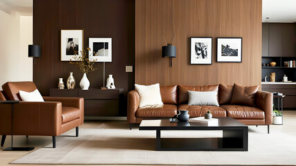 Modern Clean Living Room with Brown Sofa, Table, and Decoration, wooden textured stylish design