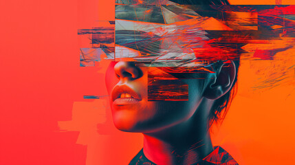 Photo collage in the style of surrealism. The head breaks down into geometric shapes