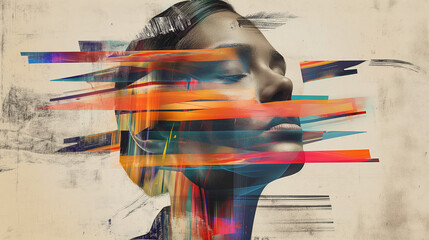 Photo collage in the style of surrealism. The head breaks down into geometric shapes