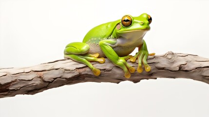 A green tree frog is perched on a white background