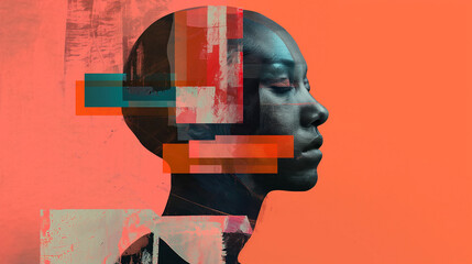 Photo collage in the style of surrealism. The head breaks down into geometric shapes