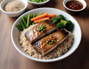 Teriyaki Grilled Fish with Rice and Steamed Vegetables Generative AI