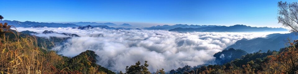 Obraz premium Sea of ​​clouds in the mountains: In the mountains in autumn, the sea of ​​clouds is rolling, as if you are in a fairyland, nature, beautiful scenery, generated by AI, high-definition wallpapers, back