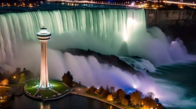 Night Aerial View of Skylon Tower and Niagara Falls, Canada