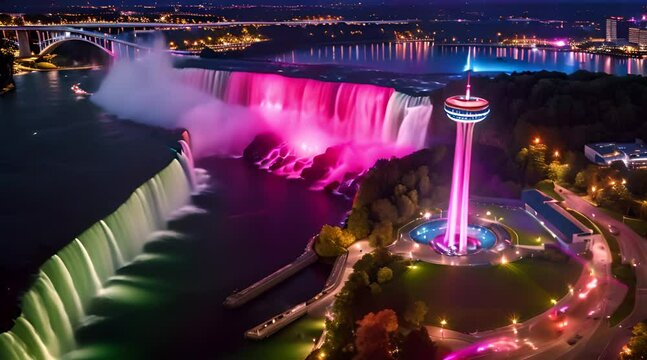 Niagara Falls and Skylon Tower at Night in Aerial View