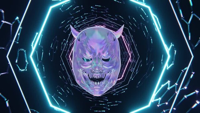 holographic oni mask rotate in Glowing Neon Tunnel,surreal VJ loop,futuristic aesthetics
