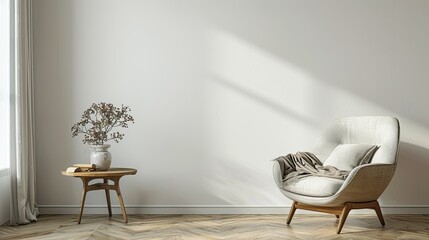 Living room interior with fabric armchair and table on empty white wall background