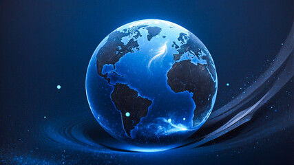 Fototapeta premium Transparent globe of Earth planet from blue glowing particulars on blue background