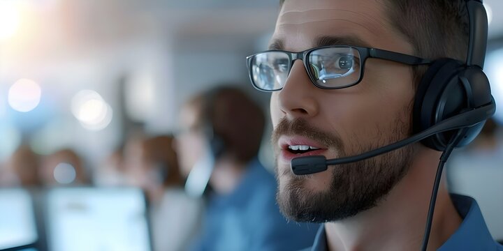 Male tech support agent explaining to client using handsfree headset in call center. Concept Tech Support, Call Center, Customer Service, Handsfree Headset, Male Agent