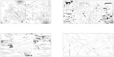 Collection of four grunge distress wall background. Vector set of grunge overlay textures.