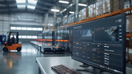 Obraz premium Modern Warehouse with Logistic Software Display. High-tech warehouse with a computer screen displaying logistic software data, showing real-time inventory and shipping metrics.