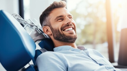 portrait of handsome man with braces sitting in dental chair. 