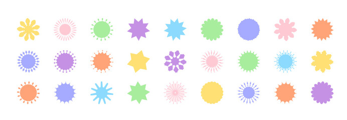 Pastel color blank stickers promo set. Collection of flat starburst, sale price tag, quality mark design, retro discount badge, sunray promotional element isolated on white background. Vector badges