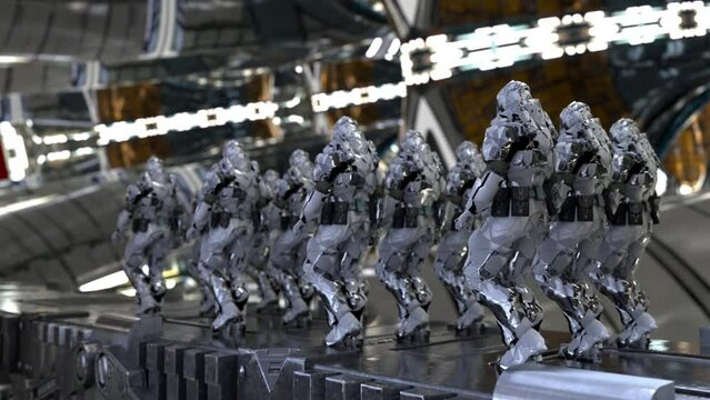 space soldiers, a squad of stormtrooper guards marching through the space station, cyborgs sci-fi style, 3D rendering