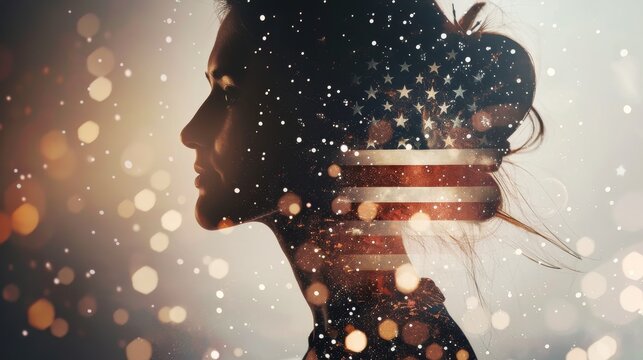 Double exposure of woman silhouette and American flag, patriotic theme with bokeh lights creating an abstract visual effect.