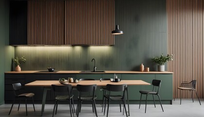 A minimalist interior design with a green kitchen and wood slat wall. Generative AI