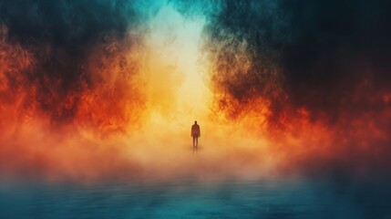 Fototapeta premium Silhouette of a person standing alone amidst colorful, swirling mist, evoking a sense of mystery and solitude in a dreamlike atmosphere.