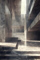 Brutalist Architectural Monolith with Cavernous Hallways and Muted Lighting in Isolated Urban Plaza