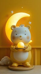 Endearing Cartoon Bear Grasping Luminous Moon Lamp in Sunny Yellow Cozy Living Room