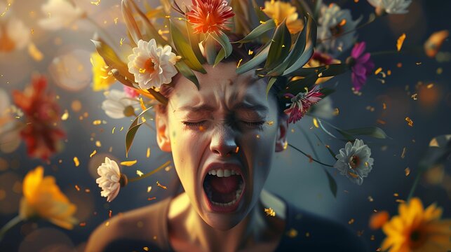 A person screaming with flowers exploding from their head, symbolizing a powerful and emotional release of energy and creativity.