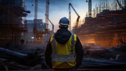 Fototapeta premium behind, A civil engineer stands looking at the construction site. 